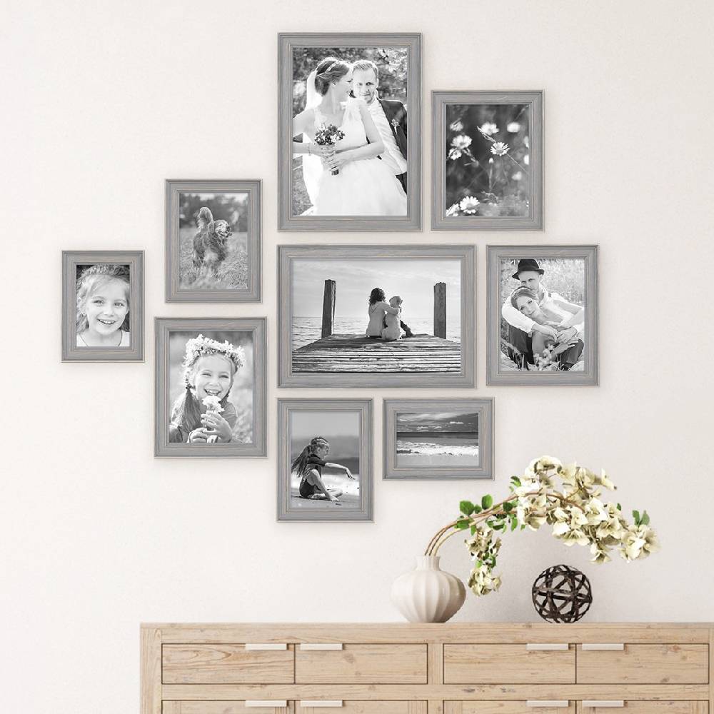 Photolini 9er Bilderrahmen-Set Skandinavisch Landhaus-Stil Grau-Braun