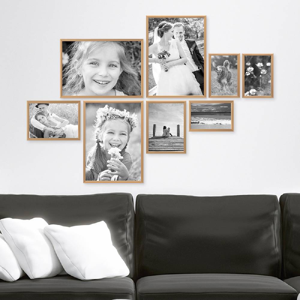 Photolini 8er Set Alu-Bilderrahmen Modern Gold Aluminium-Rahmen mit Acrylglas