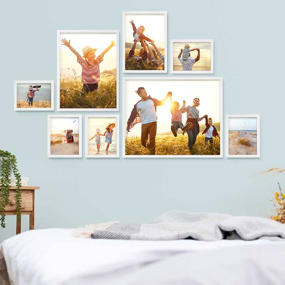 Photolini 8er Bilderrahmen-Set Weiß Massivholz Schmal 13x18 bis 40x50 cm mit Acrylglasscheibe