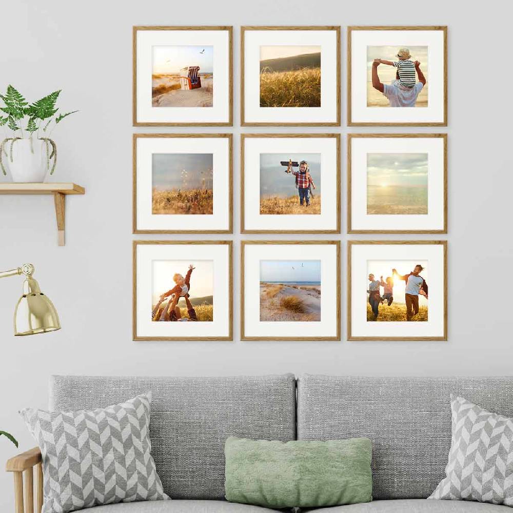 Photolini 9er Bilderrahmen-Set Eiche 30x30 cm mit Passepartout Massivholz mit Acrylglasscheibe