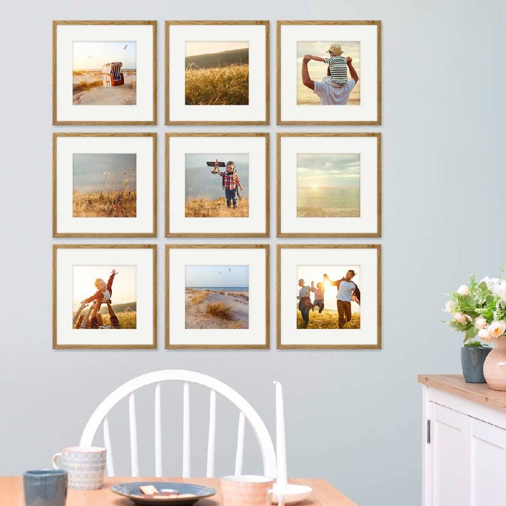 Photolini 9er Bilderrahmen-Set Eiche 30x30 cm mit Passepartout Massivholz mit Acrylglasscheibe Exklusive Angebote