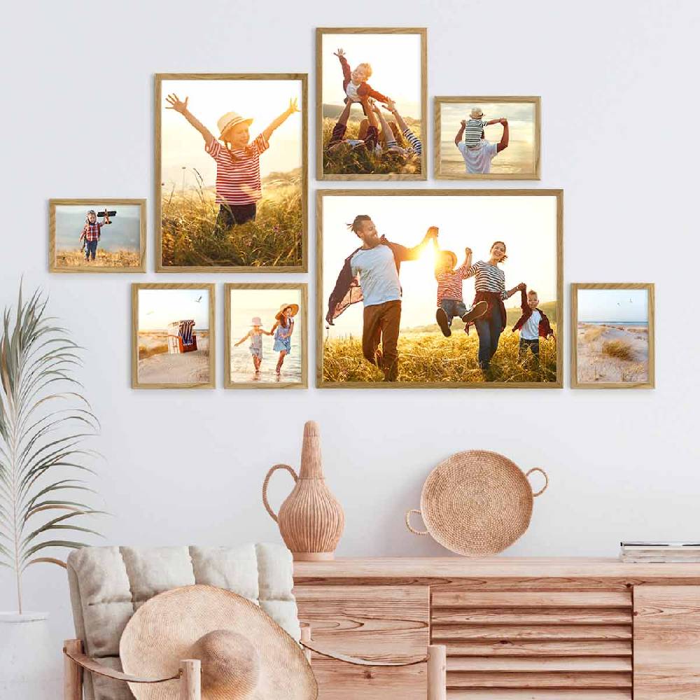 Photolini 8er Bilderrahmen-Set Eiche Massivholz Schmal 13x18 bis 40x50 cm mit Acrylglasscheibe