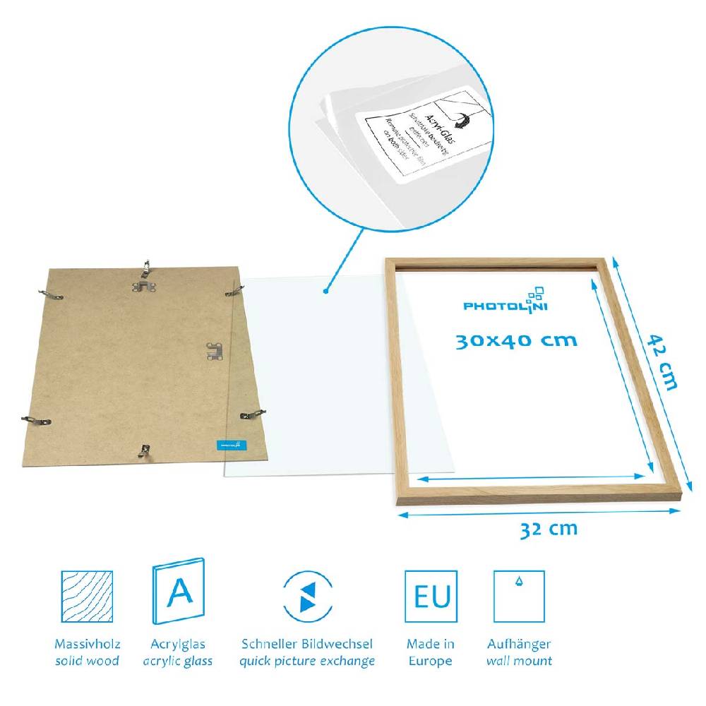 Photolini 8er Bilderrahmen-Set Eiche Massivholz Schmal 13x18 bis 40x50 cm mit Acrylglasscheibe Blitzangebot