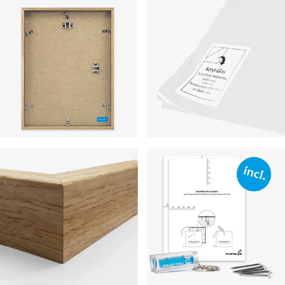 Photolini 8er Bilderrahmen-Set Eiche Massivholz Schmal 13x18 bis 40x50 cm mit Acrylglasscheibe Blitzangebot