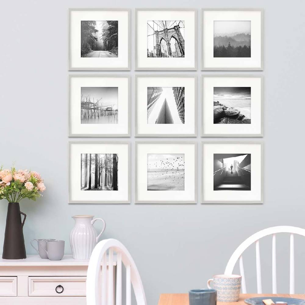 Photolini 9er Set Poster-Bilderrahmen 30x30 cm Modern Silber MDF mit Passepartout