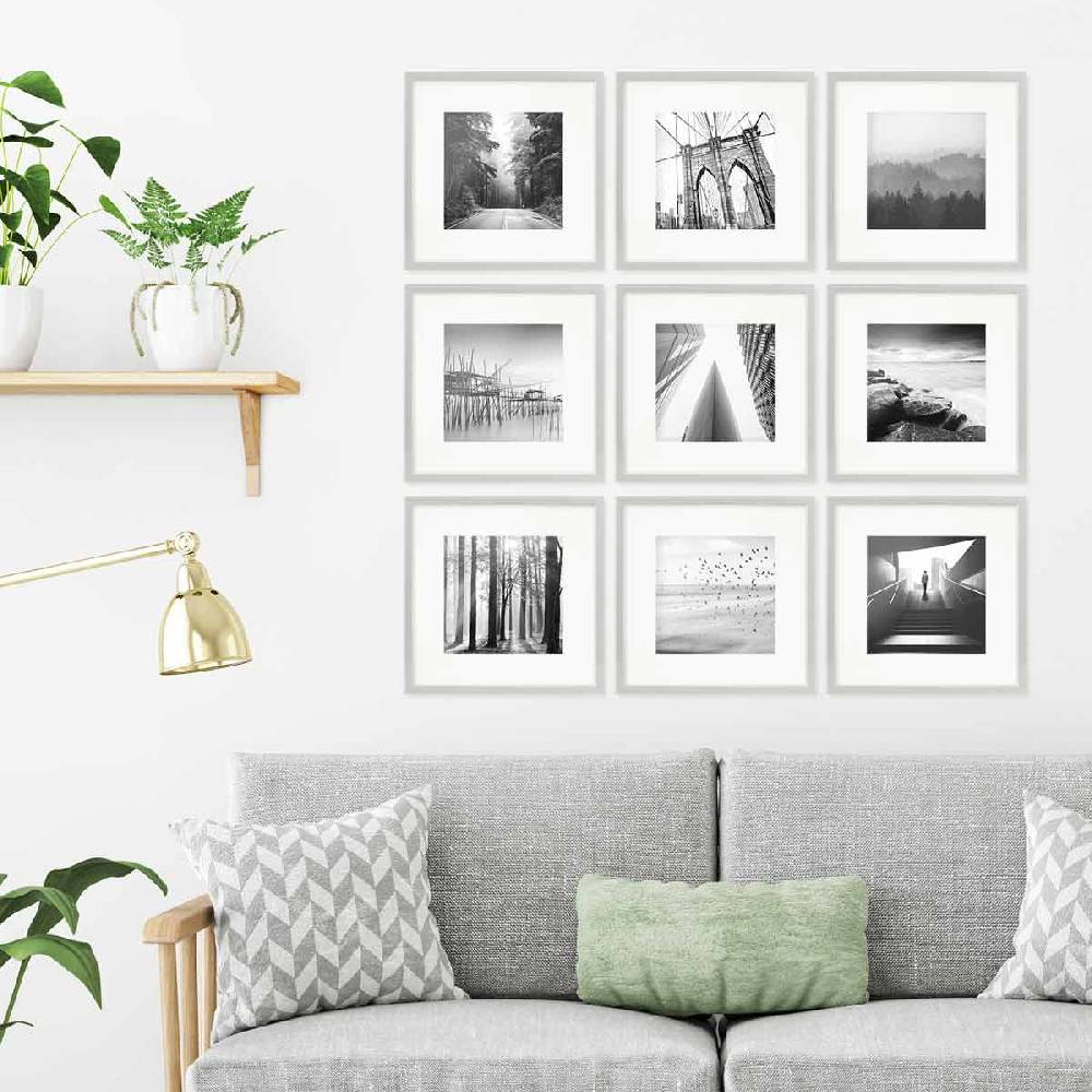 Photolini 9er Set Poster-Bilderrahmen 30x30 cm Modern Silber MDF mit Passepartout Bestseller