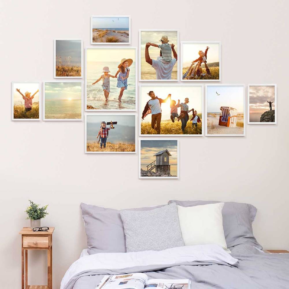 Photolini 12er Bilderrahmen-Set Weiß Massivholz Schmal 21x30 bis 40x50 cm mit Acrylglasscheibe