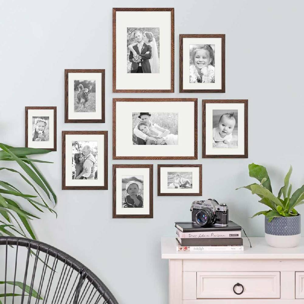 Photolini 9er Set Bilderrahmen Holz, Eiche Dunkel mit Passepartout Sonderangebote