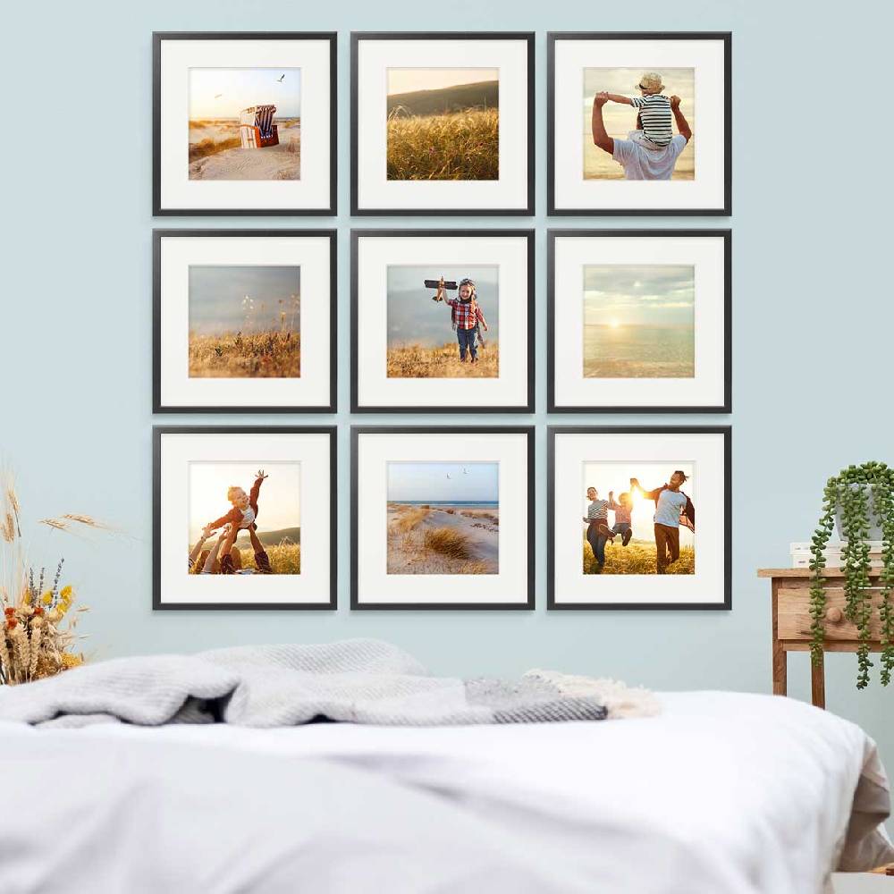 Photolini 9er Bilderrahmen-Set Schwarz 30x30 cm mit Passepartout Massivholz mit Acrylglasscheibe