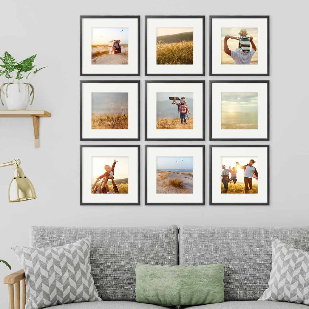 Photolini 9er Bilderrahmen-Set Schwarz 30x30 cm mit Passepartout Massivholz mit Acrylglasscheibe Riesige Ersparnisse
