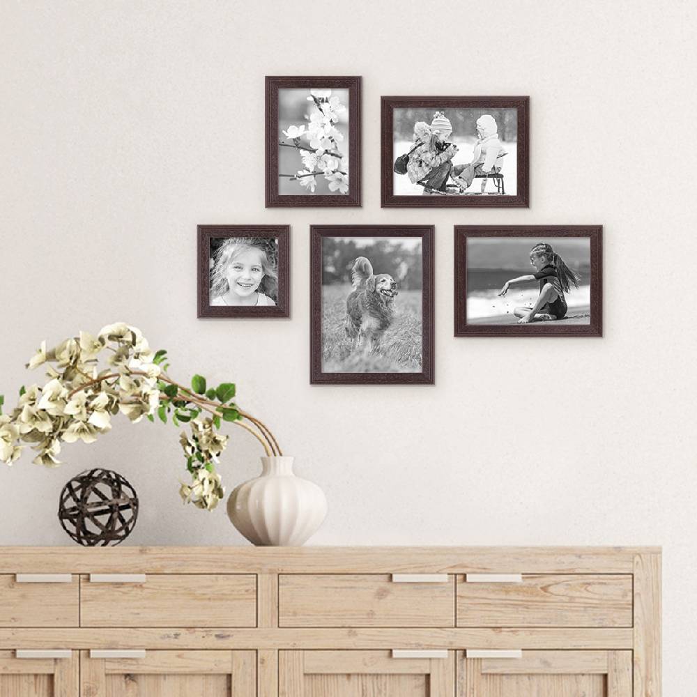 Photolini 5er Set Landhaus-Bilderrahmen Nuss Modern 10x10, 10x15, 13x18 und 15x20 cm