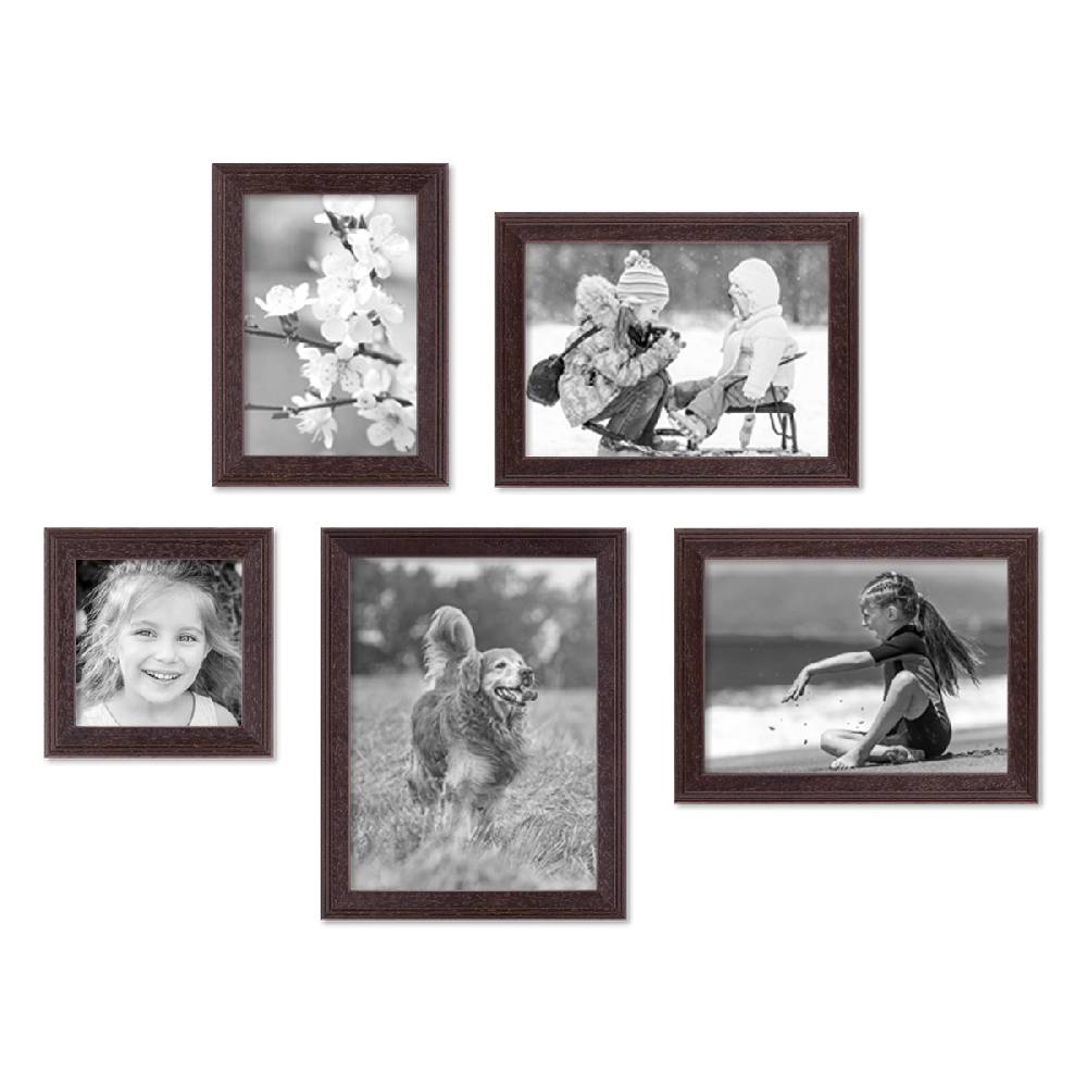 Photolini 5er Set Landhaus-Bilderrahmen Nuss Modern 10x10, 10x15, 13x18 und 15x20 cm VIP-Rabatte