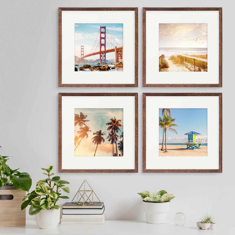 Photolini 4er Bilderrahmen-Set Eiche Dunkel 30x30 cm mit Passepartout Massivholz mit Acrylglasscheibe