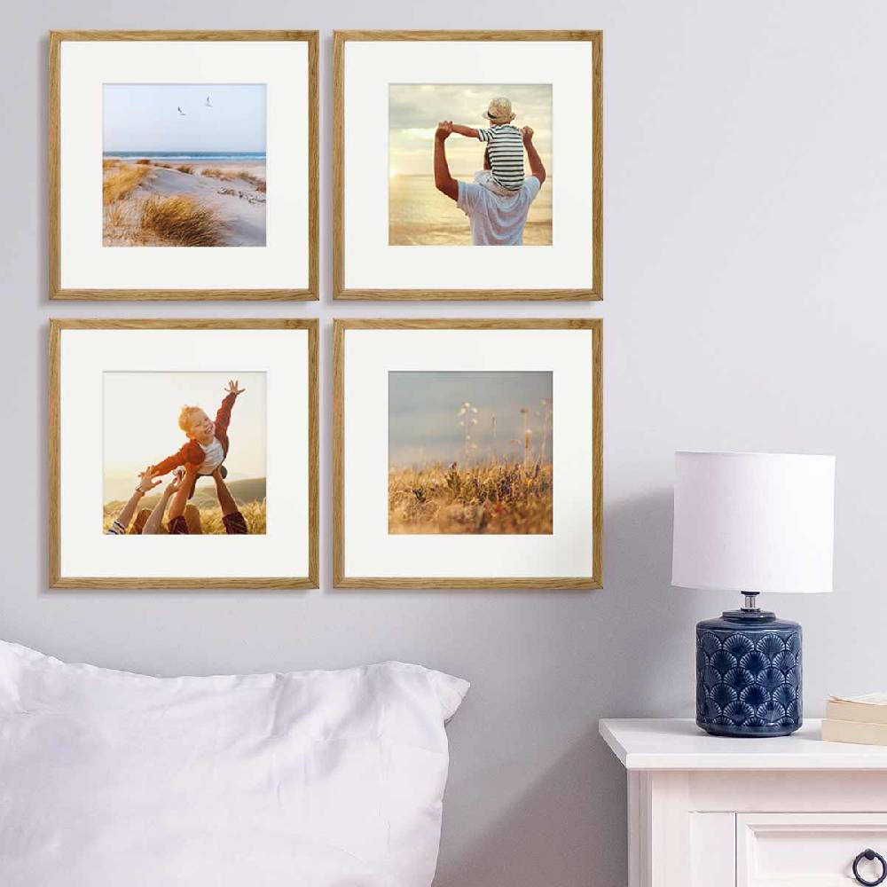 Photolini 4er Bilderrahmen-Set Eiche 30x30 cm mit Passepartout Massivholz mit Acrylglasscheibe Super Sparpreis