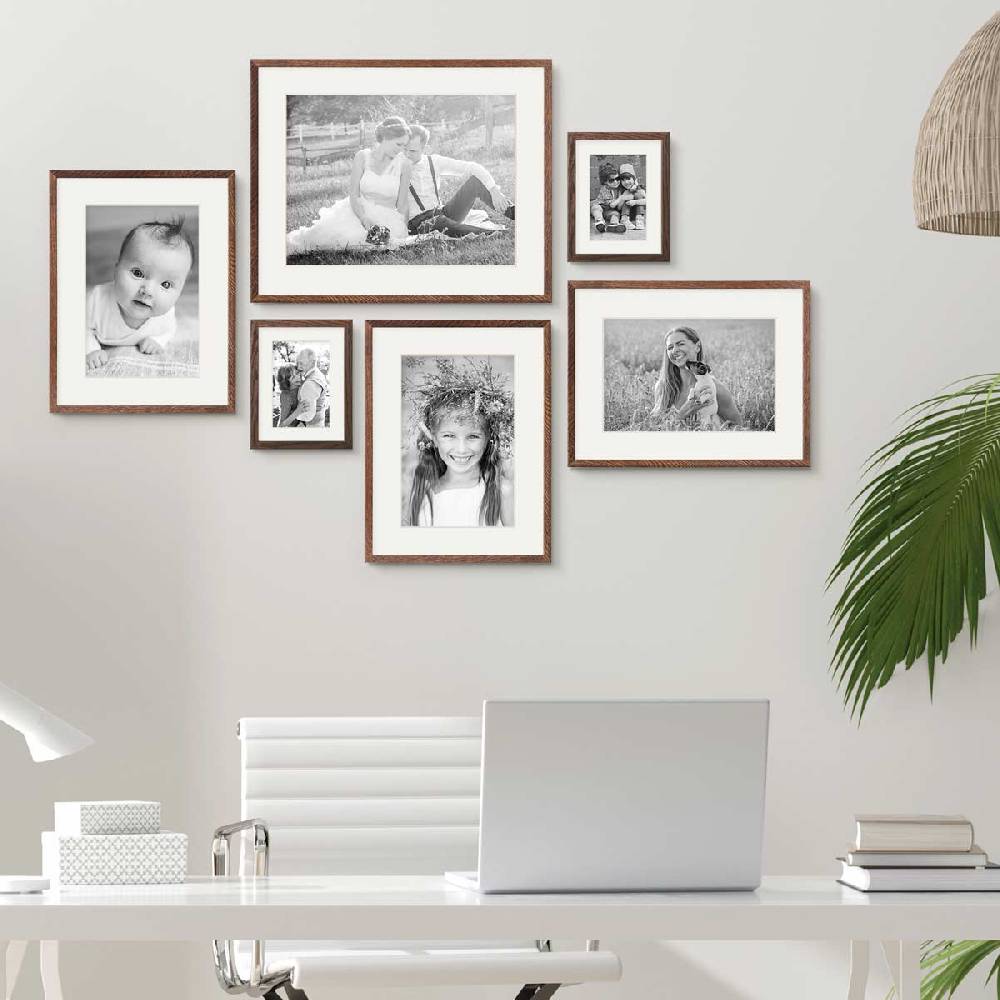 Photolini 6er Set Bilderrahmen Holz, Eiche Dunkel 15x20, 30x40 und 40x50 cm mit Passepartout