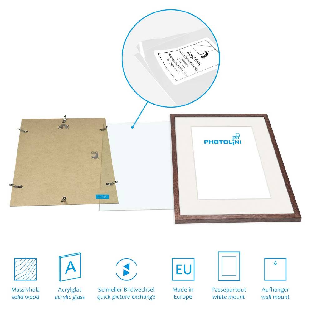 Photolini 6er Set Bilderrahmen Holz, Eiche Dunkel 15x20, 30x40 und 40x50 cm mit Passepartout Kostenlose Rückgabe