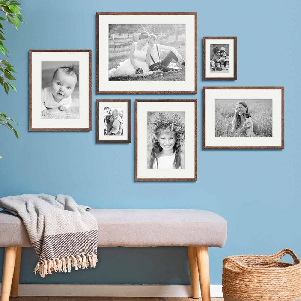 Photolini 6er Set Bilderrahmen Holz, Eiche Dunkel 15x20, 30x40 und 40x50 cm mit Passepartout Kostenlose Rückgabe