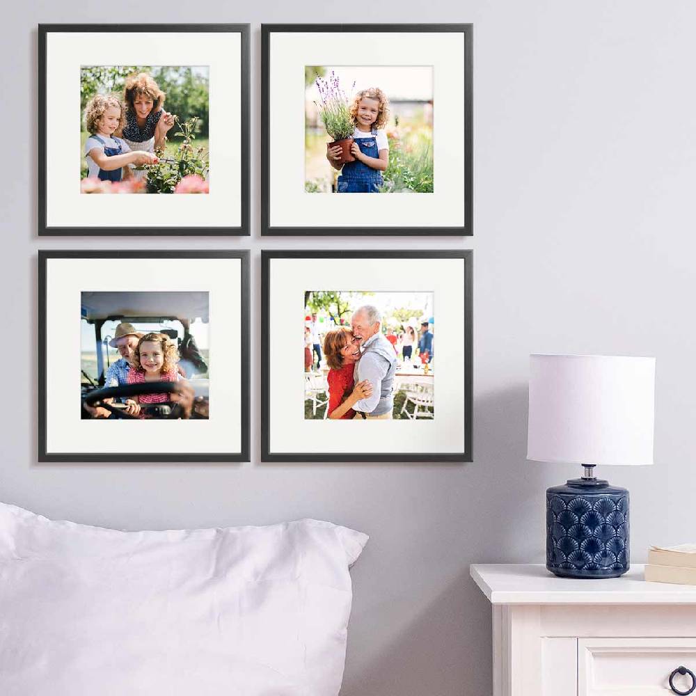 Photolini 4er Bilderrahmen-Set Schwarz 30x30 cm mit Passepartout Massivholz mit Acrylglasscheibe