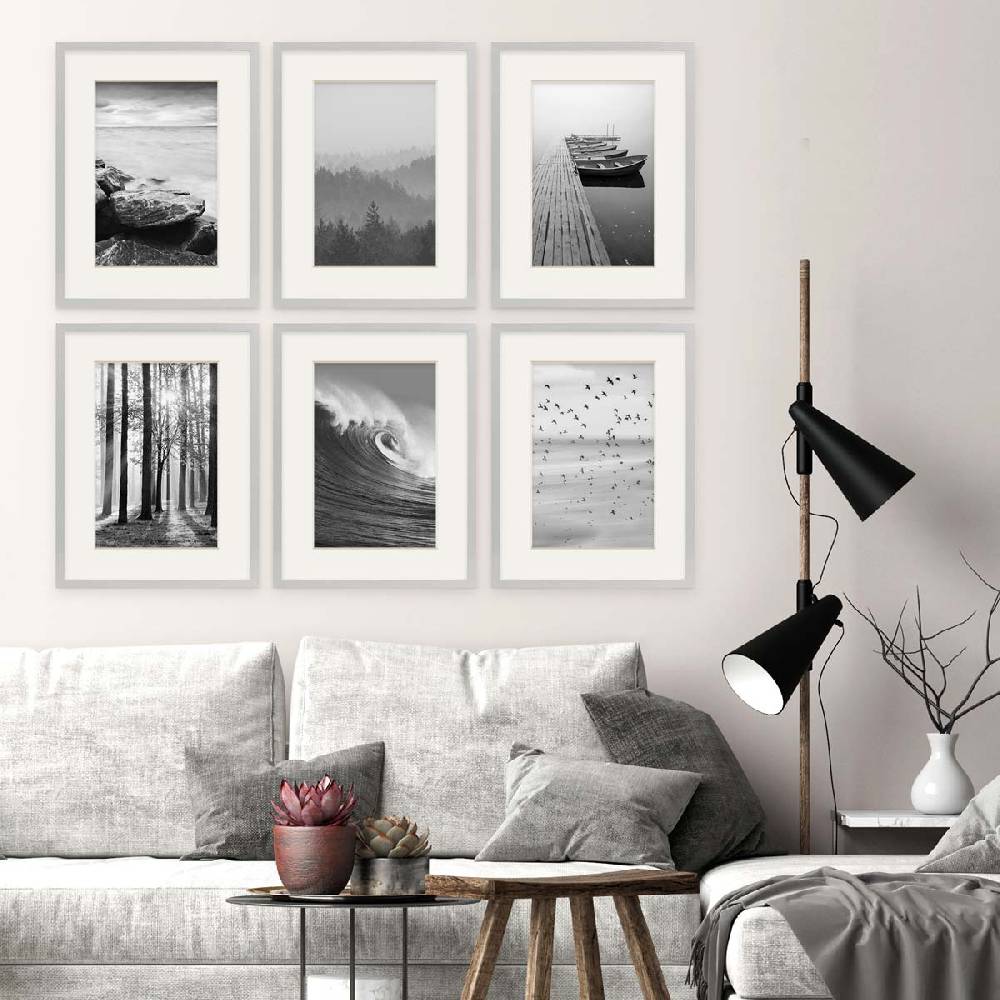 Photolini 6er Set Poster-Bilderrahmen 30x40 cm Modern Silber MDF mit Passepartout
