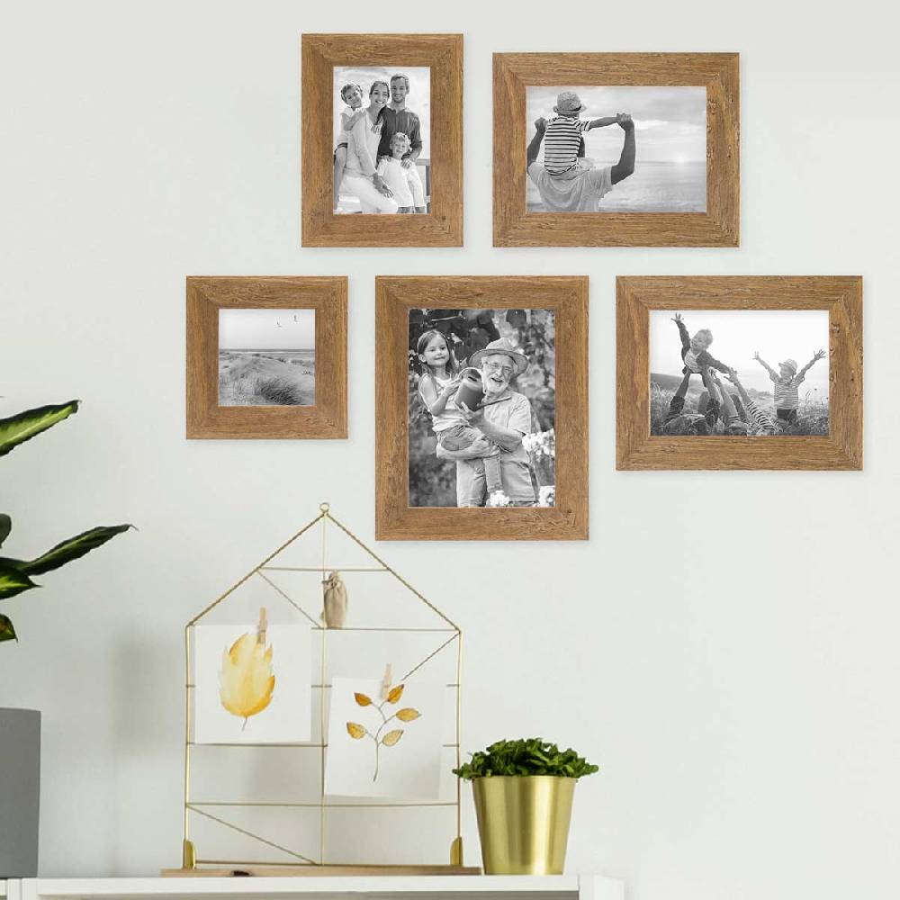 Photolini 5er Bilderrahmen-Set No.1 Strandhaus Eiche-Optik Massivholz 10x10 bis 15x20 cm