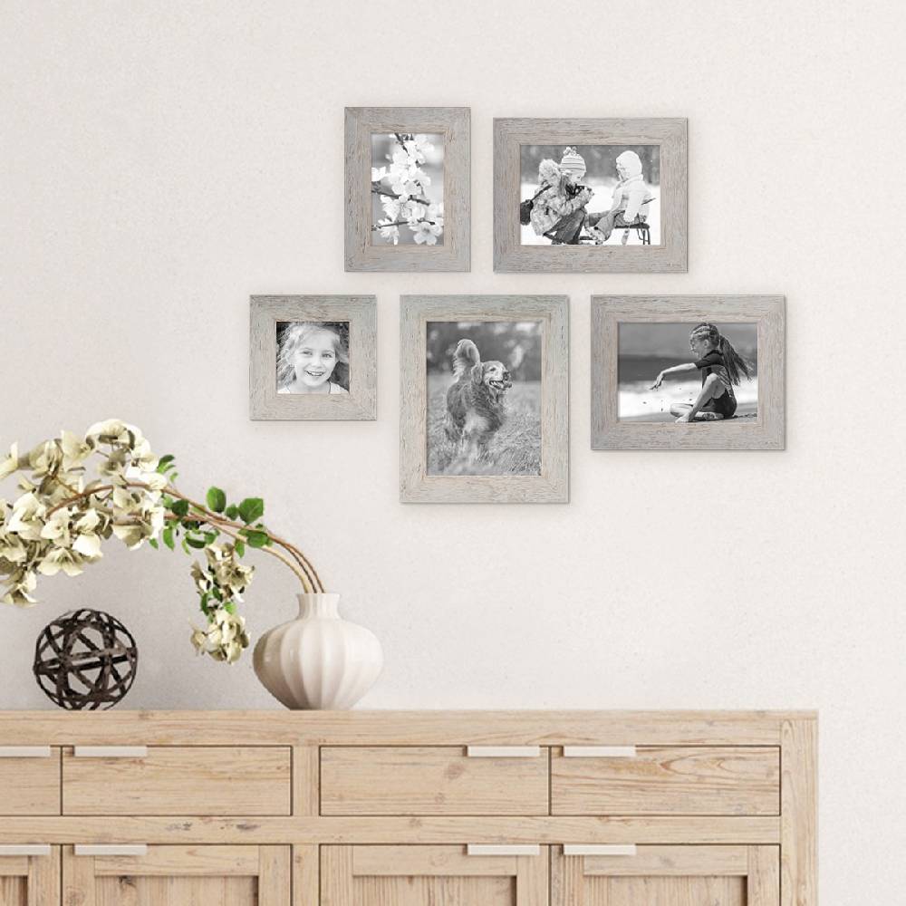Photolini 5er Bilderrahmen-Set No.1 Strandhaus Grau Massivholz 10x10 bis 15x20 cm