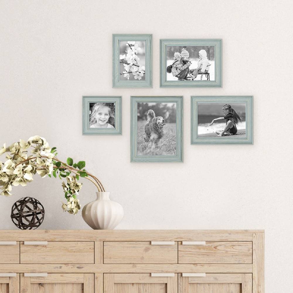 Photolini 5er Bilderrahmen-Set Skandinavisch Landhaus-Stil Taubenblau / Petrol