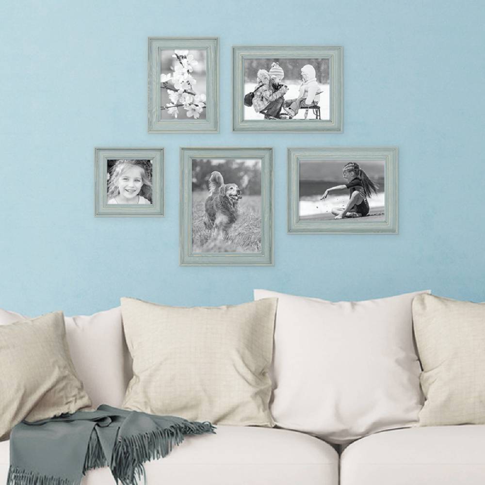 Photolini 5er Bilderrahmen-Set Skandinavisch Landhaus-Stil Taubenblau / Petrol Letzter Tag