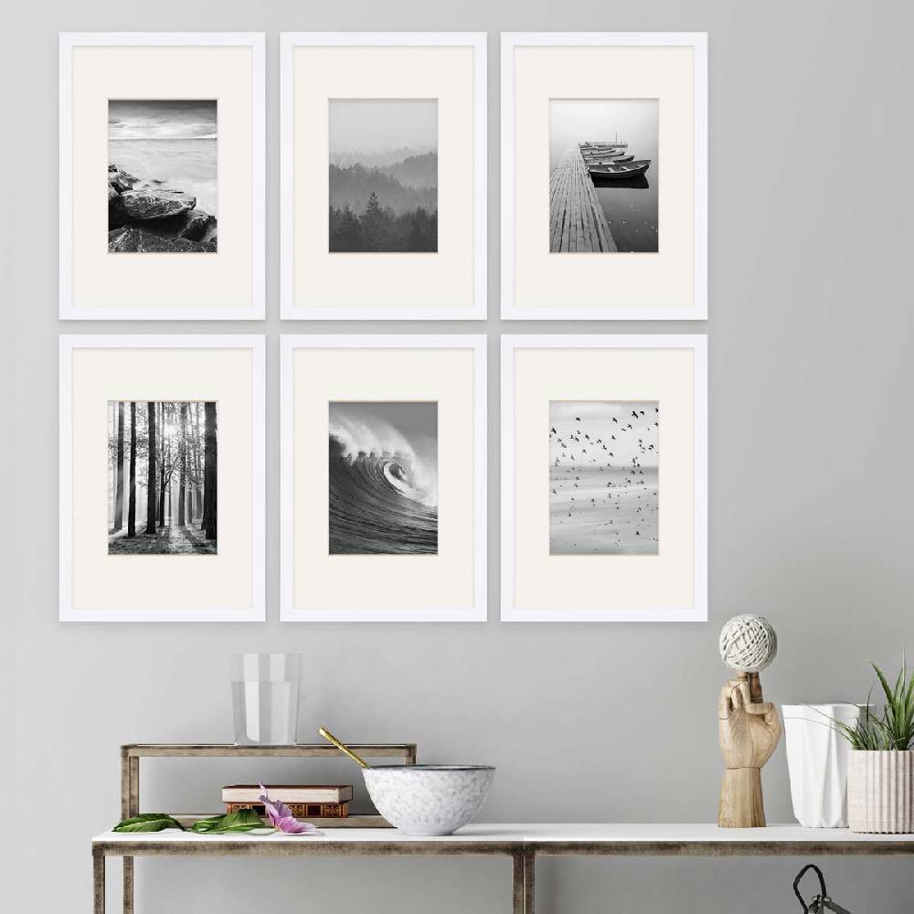 Photolini 6er Set Poster-Bilderrahmen 21x30 cm / DIN A4 Modern Weiß MDF mit Passepartout (13x18)