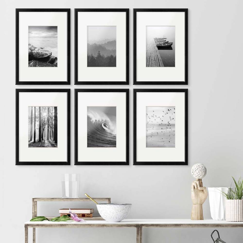 Photolini 6er Set Poster-Bilderrahmen 21x30 cm / DIN A4 Modern Schwarz MDF mit Passepartout