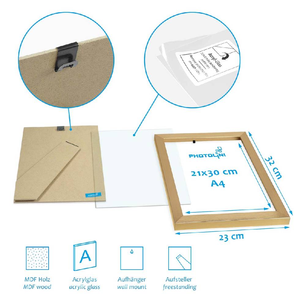 Photolini 4er Set Poster-Bilderrahmen Gold 21x30 cm / DIN A4 Modern aus MDF mit Acrylglas Bis zu 65% Rabatt