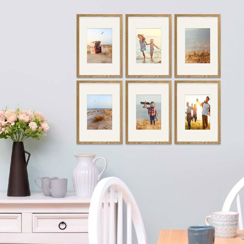 Photolini 6er Bilderrahmen-Set Eiche 21x30 cm/DIN A4 mit Passepartout Massivholz mit Acrylglasscheibe