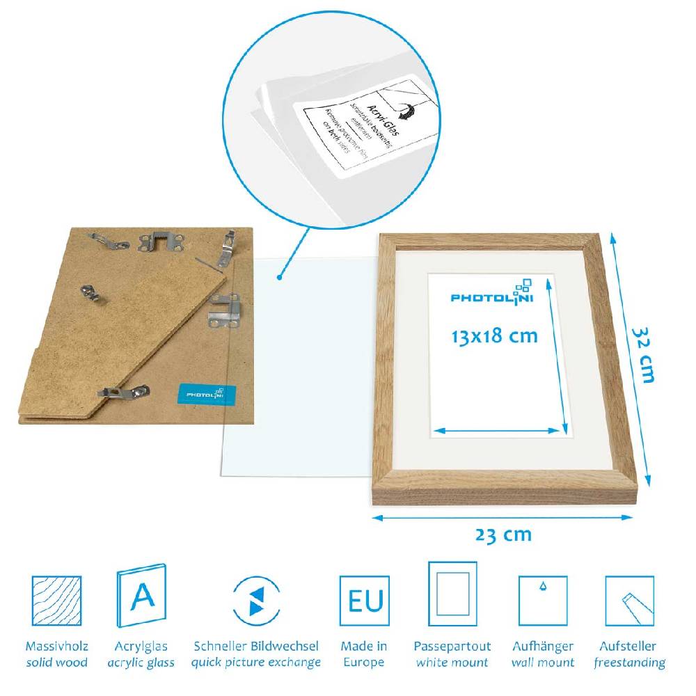 Photolini 6er Bilderrahmen-Set Eiche 21x30 cm/DIN A4 mit Passepartout Massivholz mit Acrylglasscheibe Sonderangebot der Fabrik
