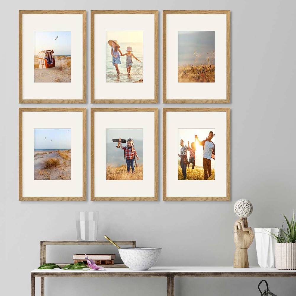 Photolini 6er Bilderrahmen-Set Eiche 21x30 cm/DIN A4 mit Passepartout Massivholz mit Acrylglasscheibe Sonderangebot der Fabrik