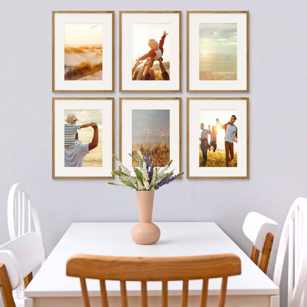 Photolini 6er Bilderrahmen-Set Eiche 30x40 cm mit Passepartout Massivholz mit Acrylglasscheibe
