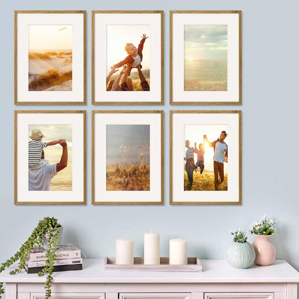 Photolini 6er Bilderrahmen-Set Eiche 30x40 cm mit Passepartout Massivholz mit Acrylglasscheibe Vierteljährliche Förderung