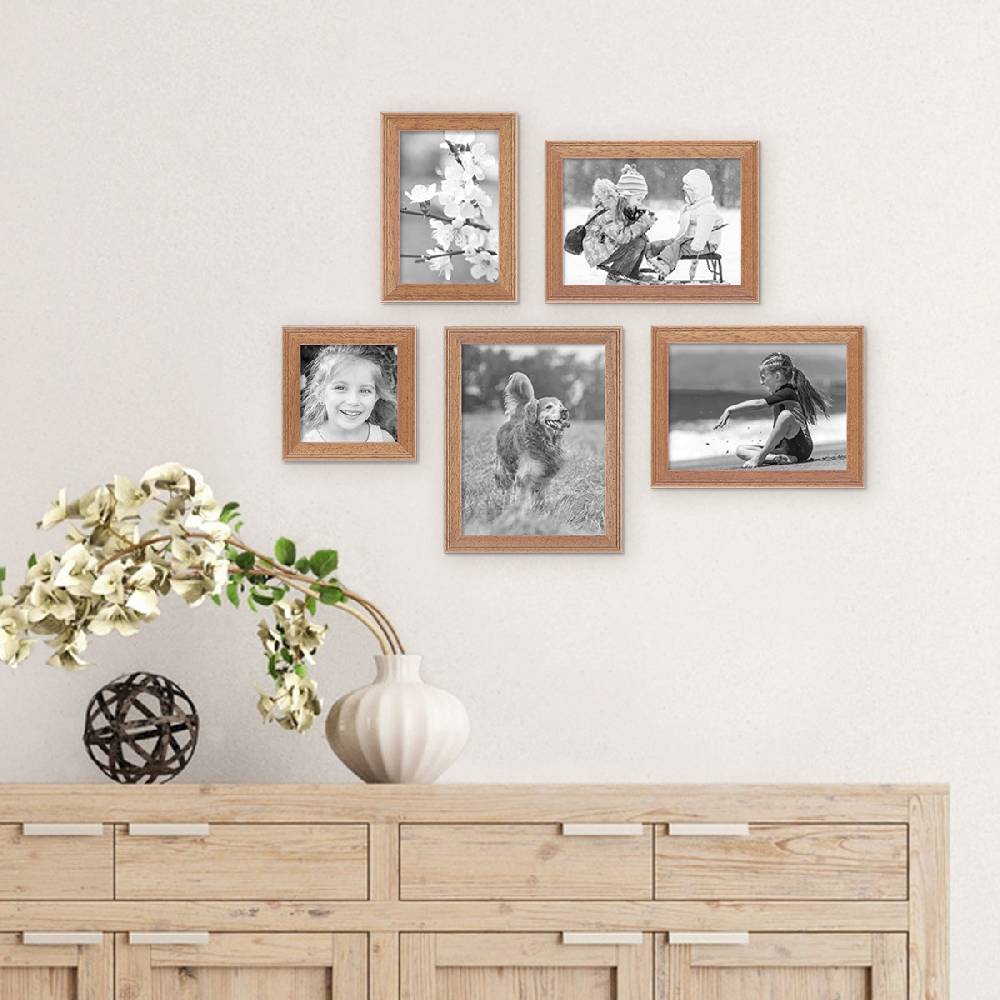 Photolini 5er Set Landhaus-Bilderrahmen Eiche-Optik Massivholz
