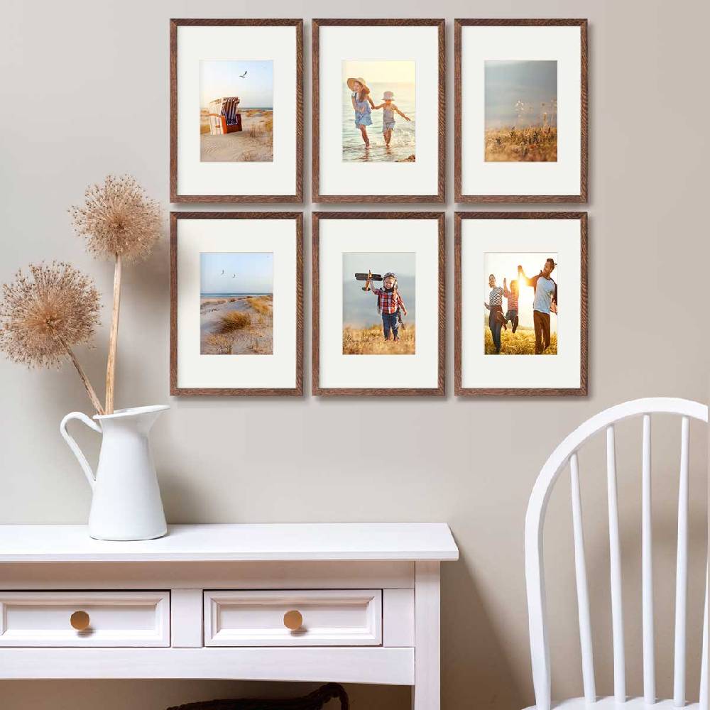 Photolini 6er Bilderrahmen-Set Eiche Dunkel 21x30 cm/ A4 mit Passepartout Massivholz mit Acrylglasscheibe