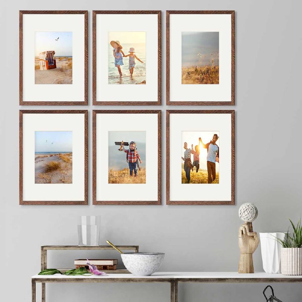 Photolini 6er Bilderrahmen-Set Eiche Dunkel 21x30 cm/ A4 mit Passepartout Massivholz mit Acrylglasscheibe Nur noch ein Tag übrig
