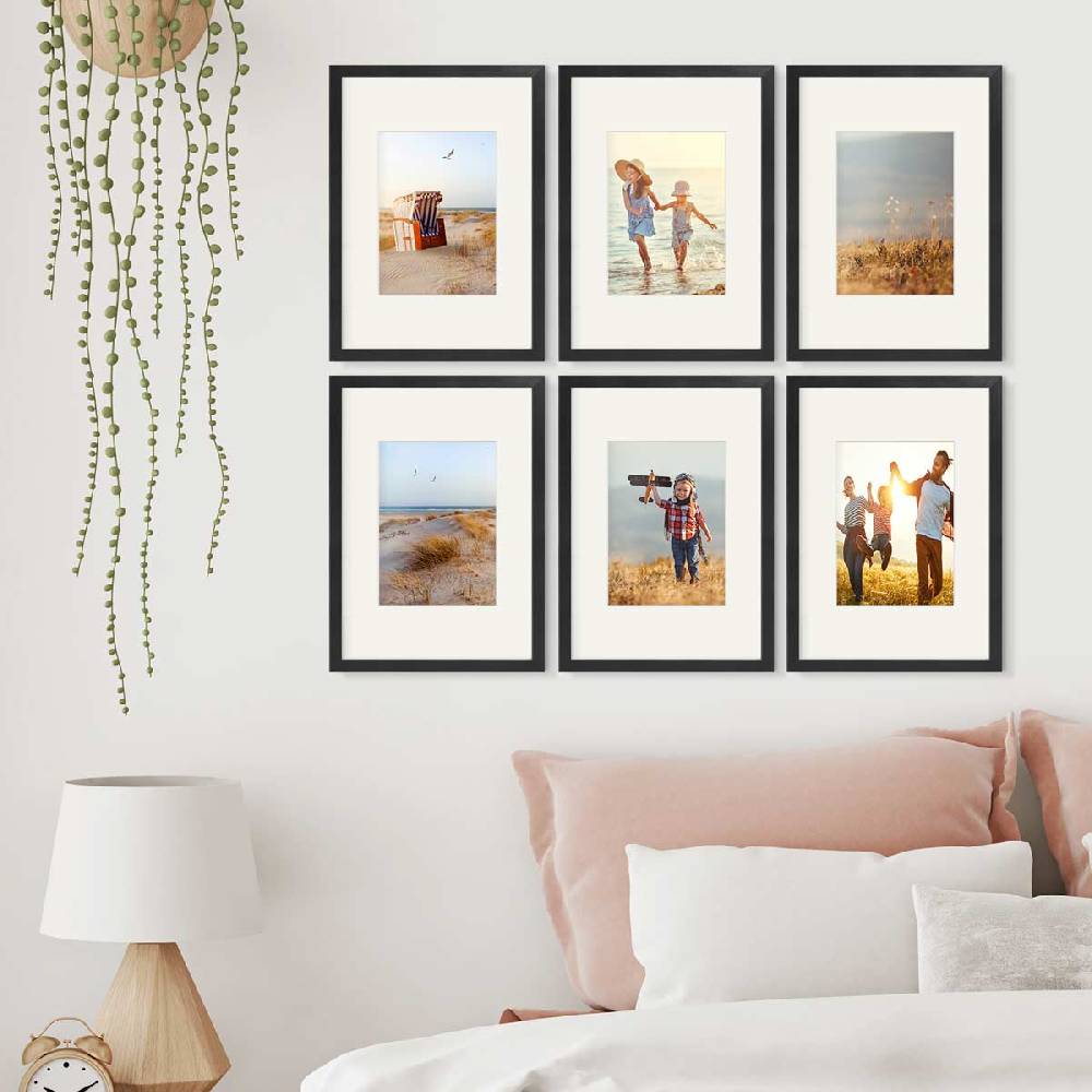 Photolini 6er Bilderrahmen-Set Schwarz 21x30 cm/DIN A4 mit Passepartout Massivholz mit Acrylglasscheibe