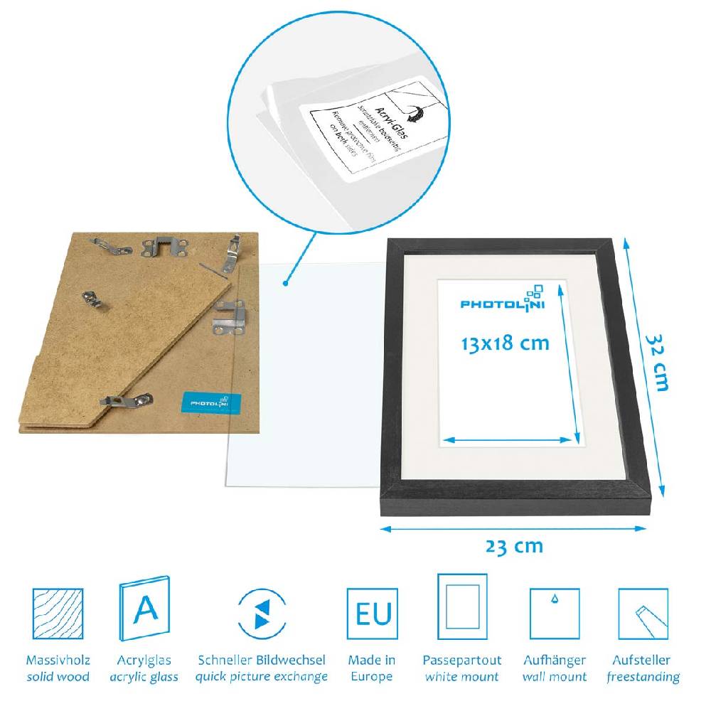Photolini 6er Bilderrahmen-Set Schwarz 21x30 cm/DIN A4 mit Passepartout Massivholz mit Acrylglasscheibe Super Rabatt