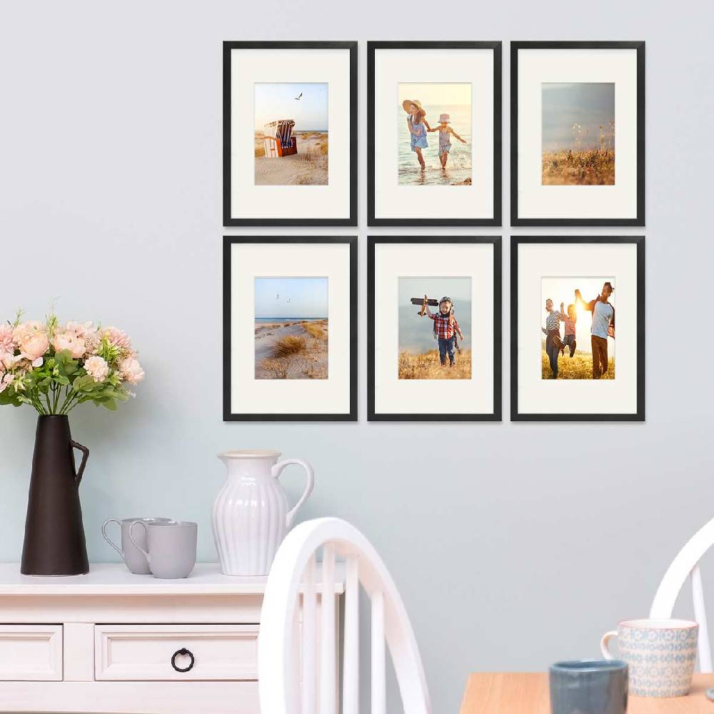 Photolini 6er Bilderrahmen-Set Schwarz 21x30 cm/DIN A4 mit Passepartout Massivholz mit Acrylglasscheibe Super Rabatt