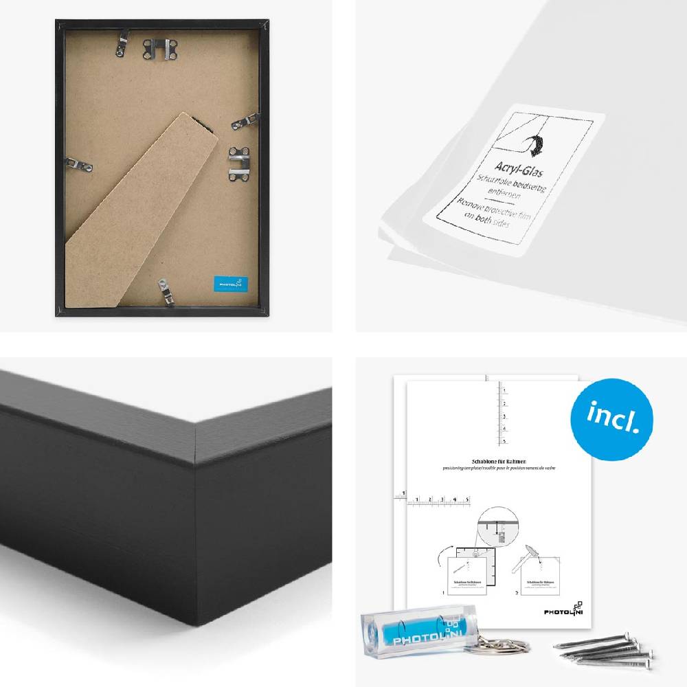 Photolini 6er Bilderrahmen-Set Schwarz 21x30 cm/DIN A4 mit Passepartout Massivholz mit Acrylglasscheibe Super Rabatt