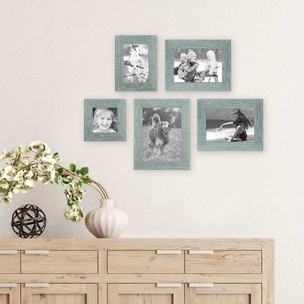 Photolini 5er Bilderrahmen-Set No.1 Strandhaus Blau Massivholz 10x10 bis 15x20 cm