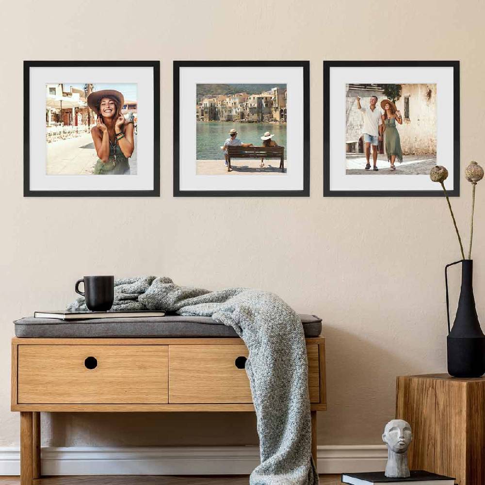 Photolini 3er Set 3D-Bilderrahmen 40x40 cm mit Passepartout, Schwarz