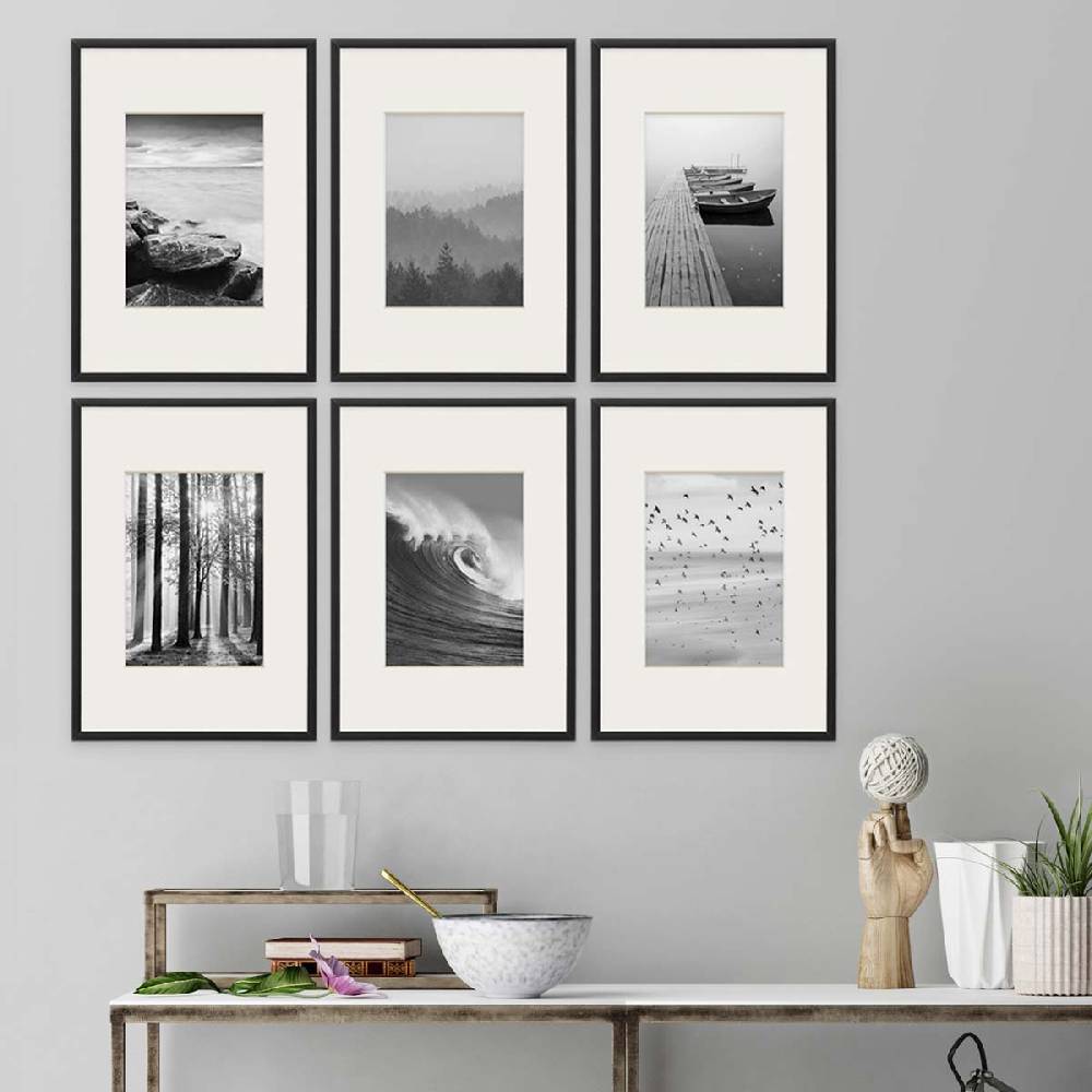 Photolini 6er Set Alu-Bilderrahmen 21x30 cm / DIN A4 Schwarz Modern mit Passepartout 13x18 cm