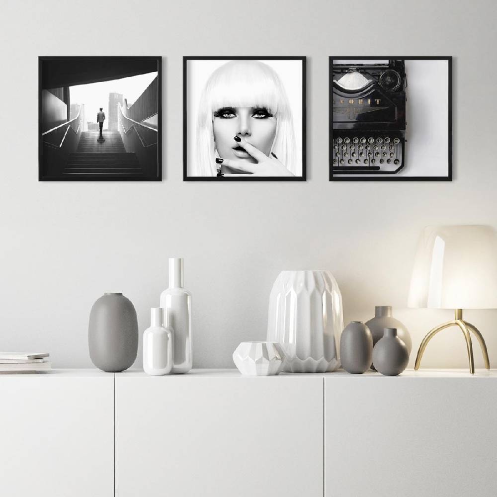 Photolini 3er Set Poster-Bilderrahmen 40x40 cm Modern Schwarz aus MDF mit Acrylglas