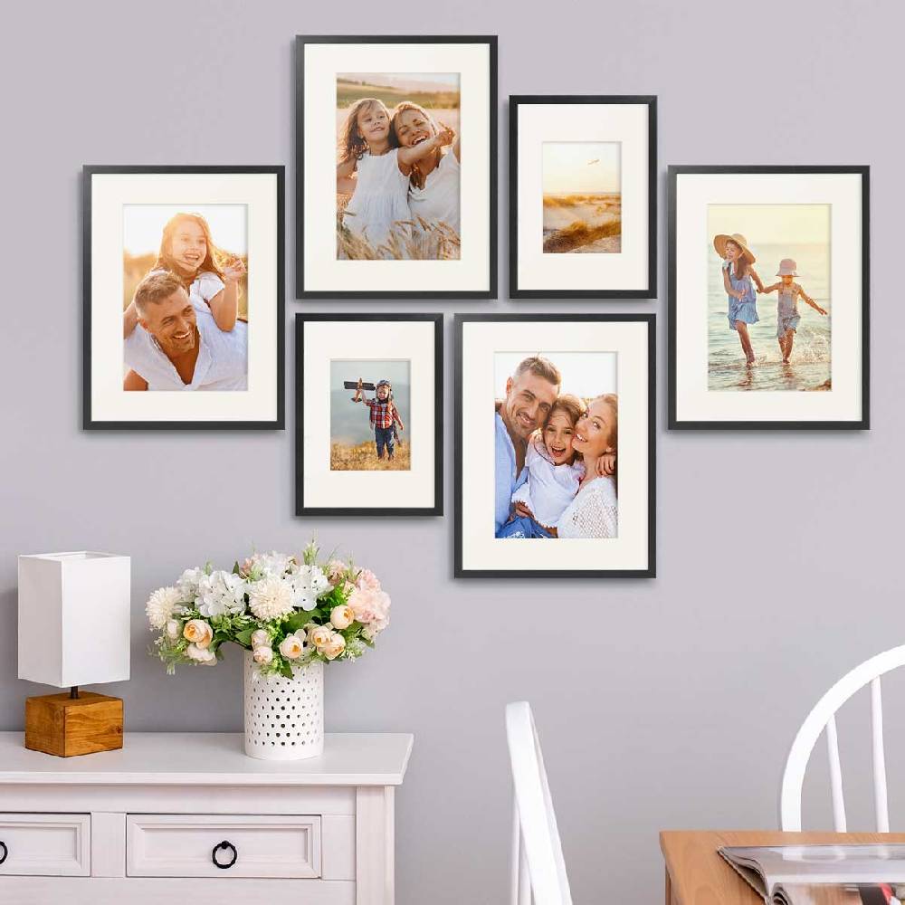 Photolini 6er Bilderrahmen-Set Schwarz aus Massivholz 21x30 cm/DIN A4 und 30x40 cm mit Passepartout mit Acrylglasscheibe