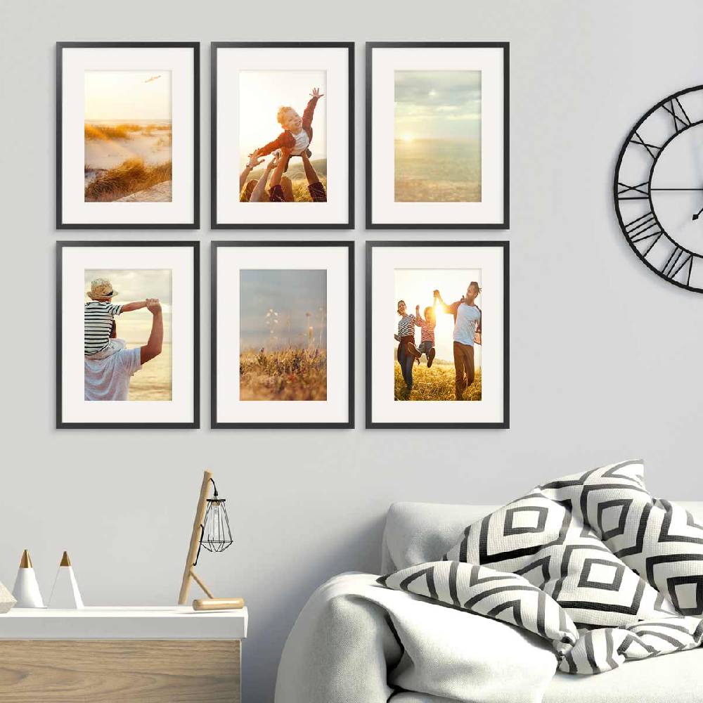 Photolini 6er Bilderrahmen-Set Schwarz 30x40 cm mit Passepartout Massivholz mit Acrylglasscheibe