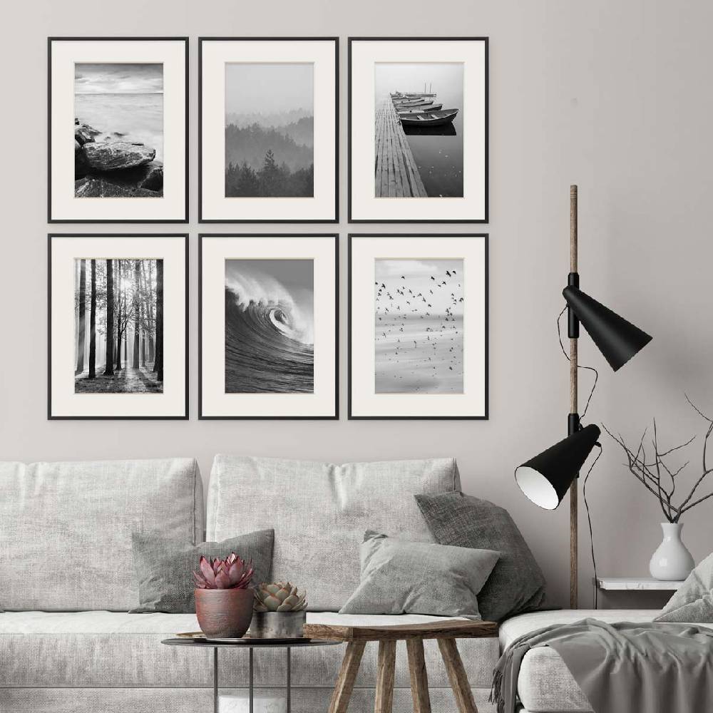 Photolini 6er Set Alu-Bilderrahmen 30x40 cm Schwarz Modern mit Passepartout 20x30 cm