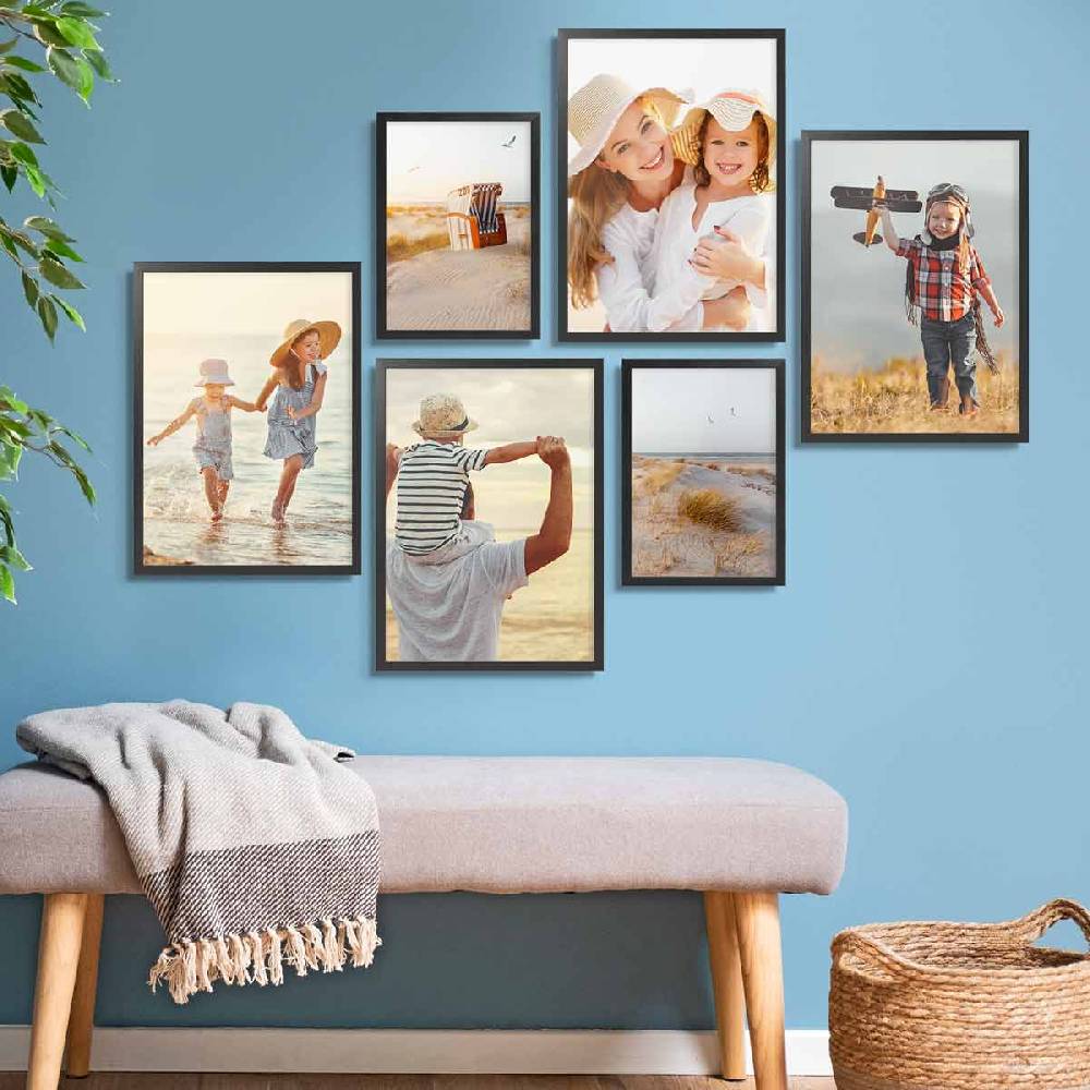 Photolini 6er Bilderrahmen-Set Schwarz aus Massivholz Schmal 2x 21x30 cm/DIN A4 und 4x 30x42 cm/DIN A3 mit Acrylglasscheibe